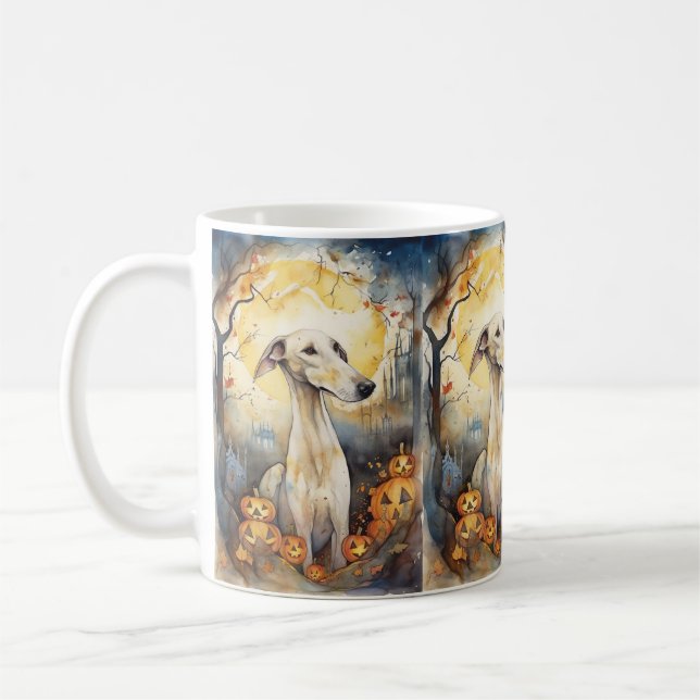 Halloween Greyhound With Pumpkins Scary Coffee Mug (Left)