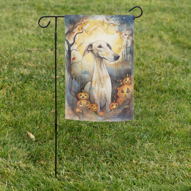 Halloween Greyhound With Pumpkins Scary Garden Flag (In SItu)
