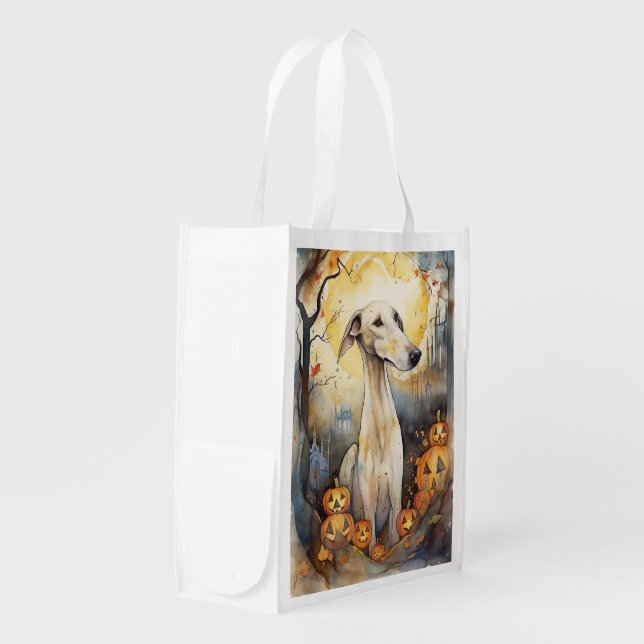 Halloween Greyhound With Pumpkins Scary Grocery Bag (Front Side)