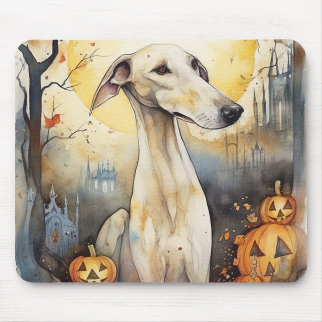 Halloween Greyhound With Pumpkins Scary Mouse Pad (Front)