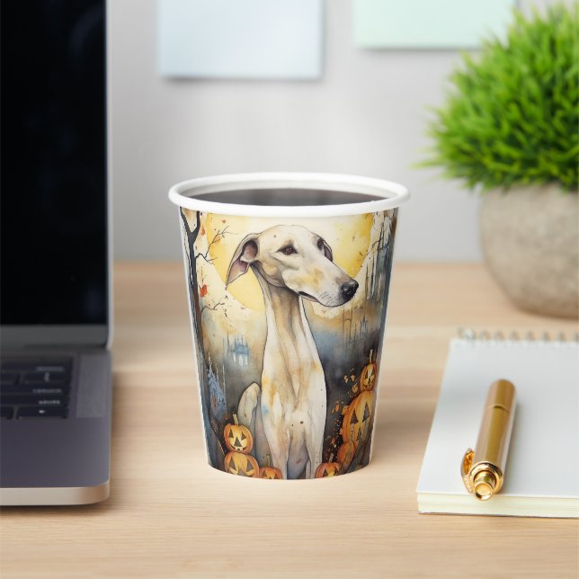 Halloween Greyhound With Pumpkins Scary Paper Cups (Insitu)