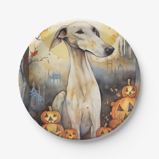 Halloween Greyhound With Pumpkins Scary Paper Plates (Front)
