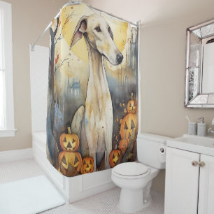 Halloween Greyhound With Pumpkins Scary Shower Curtain