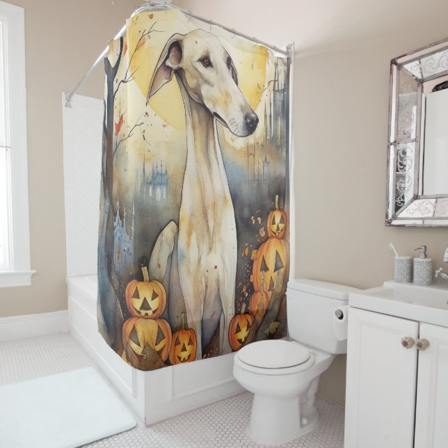 Halloween Greyhound With Pumpkins Scary Shower Curtain (In Situ)