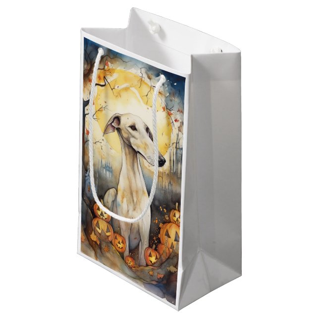 Halloween Greyhound With Pumpkins Scary Small Gift Bag (Front Angled)