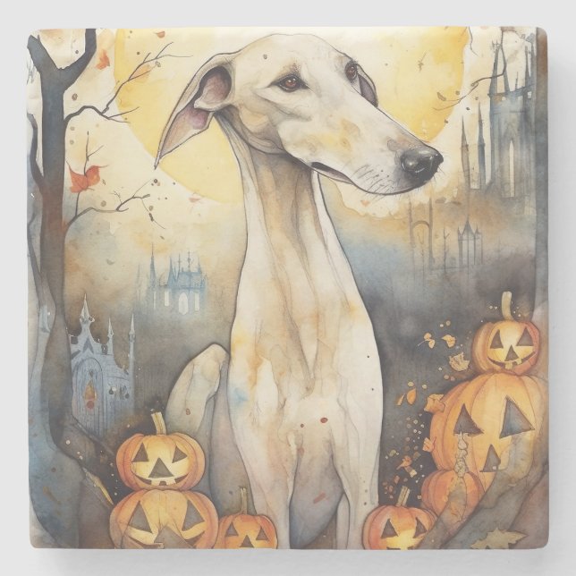 Halloween Greyhound With Pumpkins Scary Stone Coaster (Front)