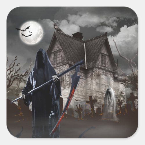 Halloween Grim Reaper Haunted House Square Sticker