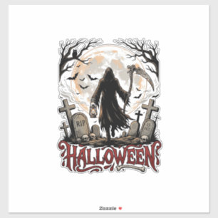 Halloween Grim Reaper Lantern Full Moon Tombstones Sticker