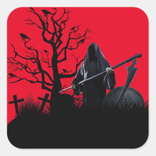 Halloween Grim Reaper Red Night Square Sticker