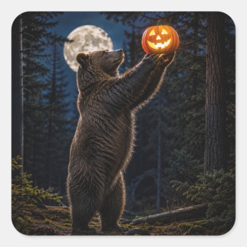 Halloween Grizzly Bear With Jack-o-Lantern Square Sticker
