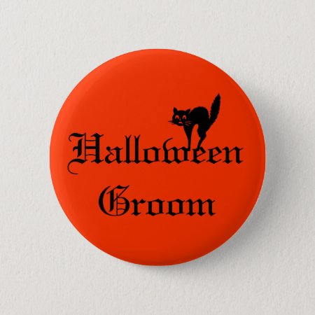 Halloween Groom Button With Black Cat - Orange And