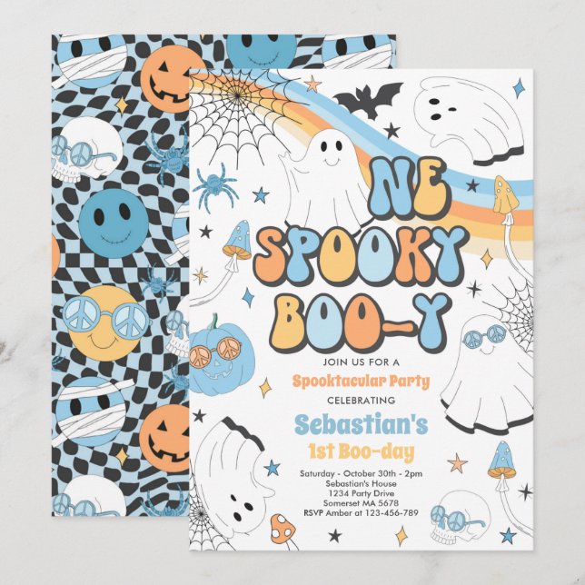 Halloween Groovy Cute Ghost 1st Birthday Party Invitation (Front/Back)