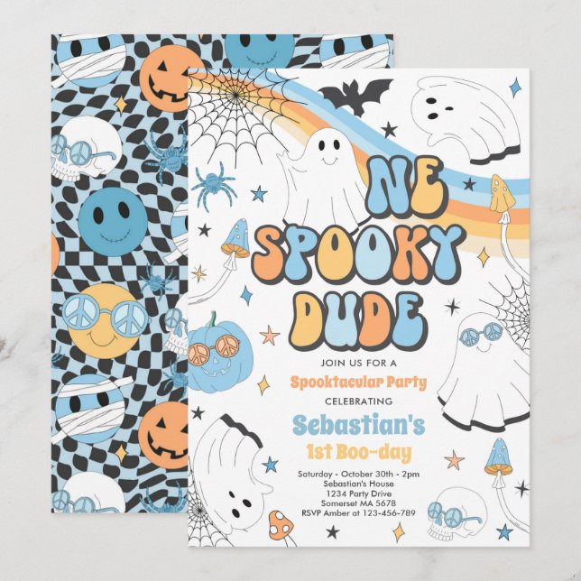 Halloween Groovy Cute Ghost 1st Birthday Party Invitation (Front/Back)