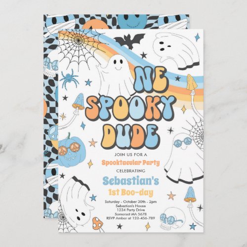 Halloween Groovy Cute Ghost 1st Birthday Party Invitation