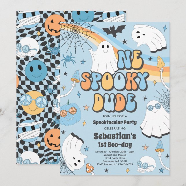 Halloween Groovy Cute Ghost 1st Birthday Party Invitation (Front/Back)