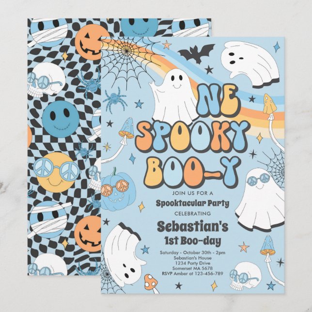 Halloween Groovy Cute Ghost 1st Birthday Party Invitation (Front/Back)
