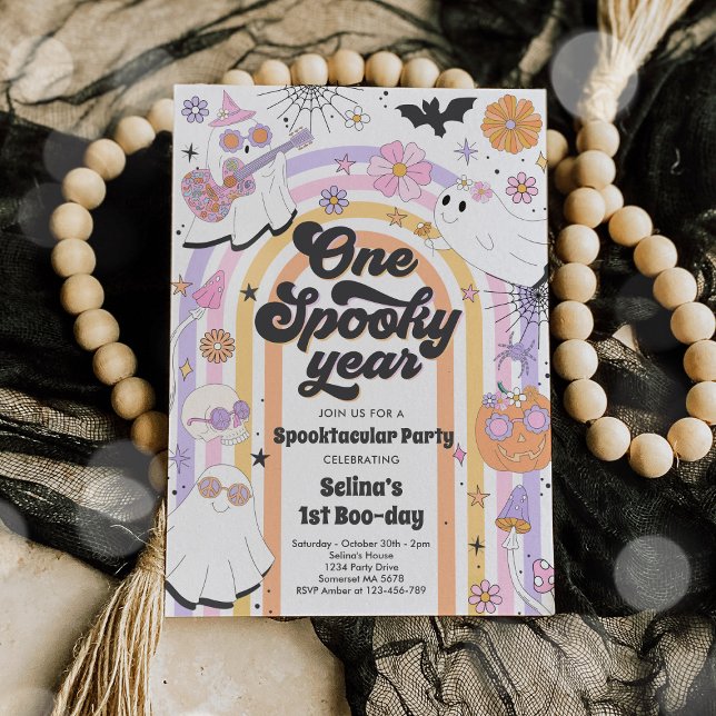 Halloween Groovy Cute Ghost 1st Birthday Party Invitation (Creator Uploaded)