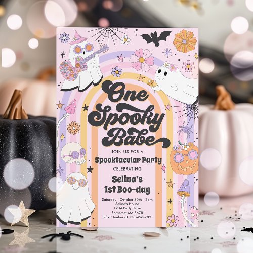 Halloween Groovy Cute Ghost 1st Birthday Party Invitation