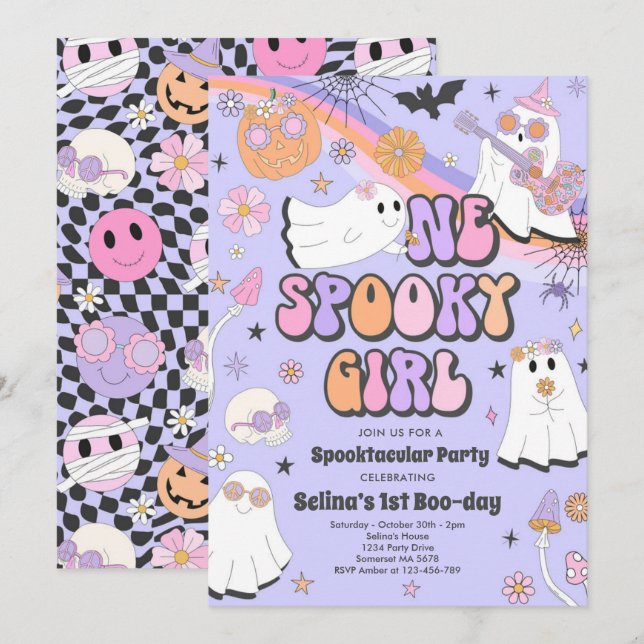 Halloween Groovy Cute Ghost 1st Birthday Party Invitation (Front/Back)