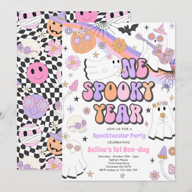 Halloween Groovy Cute Ghost 1st Birthday Party Invitation (Front/Back)