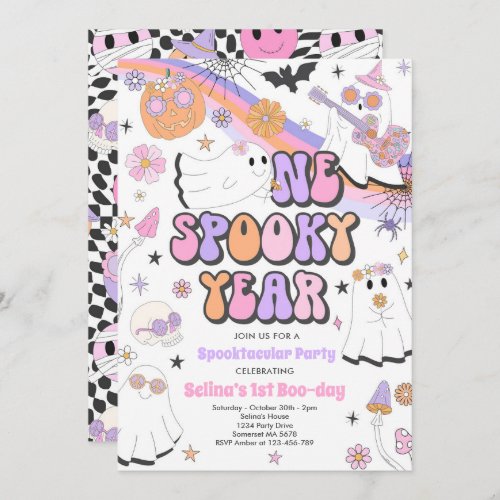 Halloween Groovy Cute Ghost 1st Birthday Party Invitation