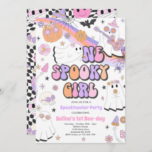 Halloween Groovy Cute Ghost 1st Birthday Party Invitation