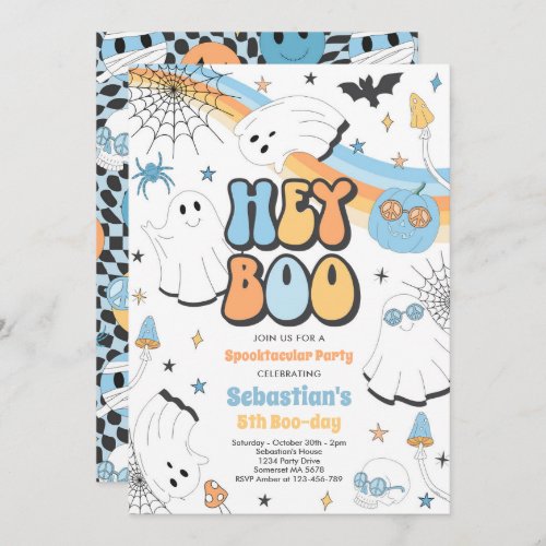 Halloween Groovy Cute Ghost Hey Boo Birthday Party Invitation