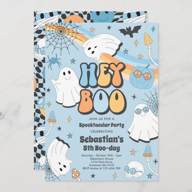 Halloween Groovy Cute Ghost Hey Boo Birthday Party Invitation (Front/Back)
