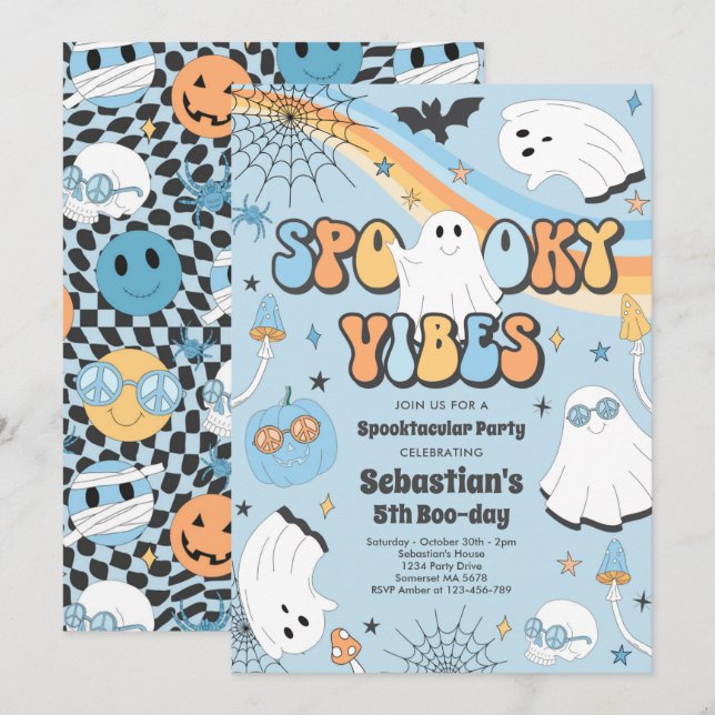 Halloween Groovy Cute Ghost Spooky Vibes Birthday Invitation (Front/Back)
