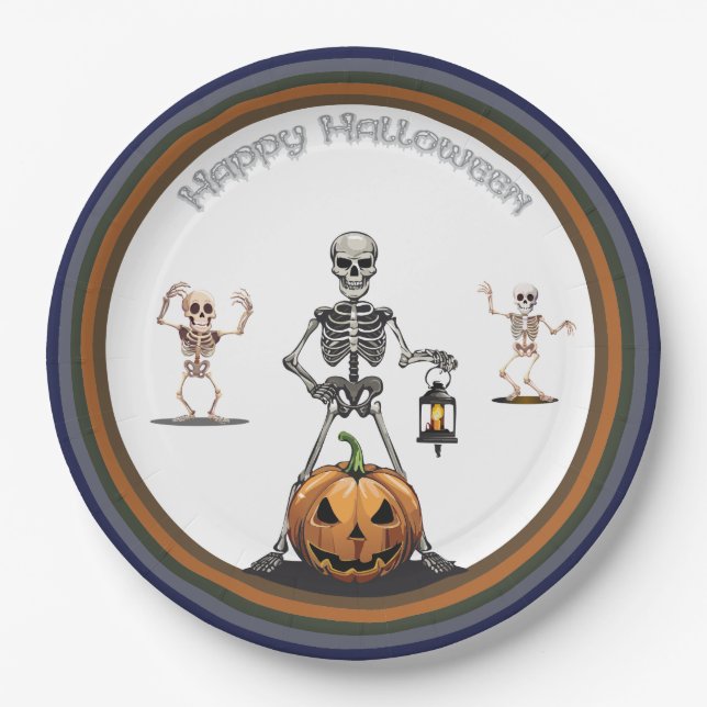 Halloween Group Of Party Skeletons Paper Plates (Front)