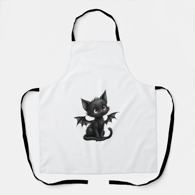 Halloween Grumpy Black Kitten In Bat Costume Apron (Front)