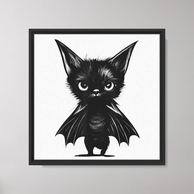 Halloween Grumpy Black Kitten In Bat Costume Canvas Print (Front)