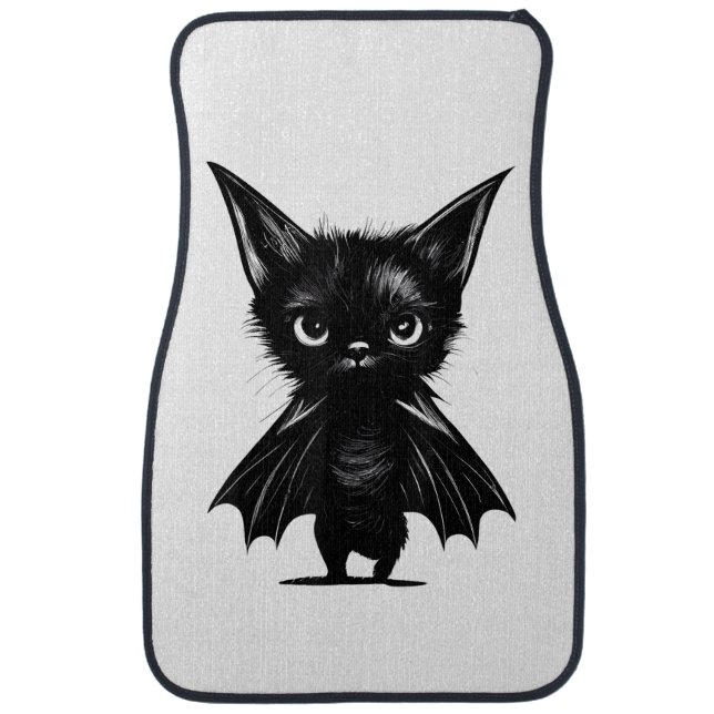 Halloween Grumpy Black Kitten In Bat Costume Car Floor Mat (Front)