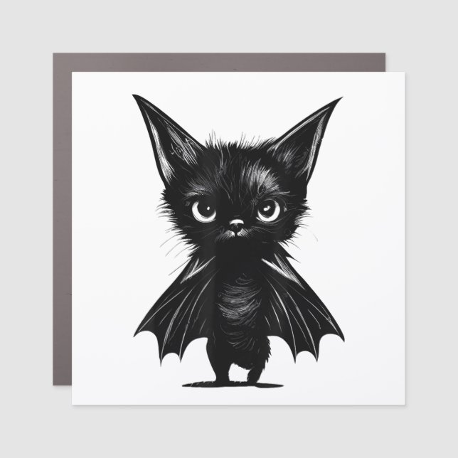 Halloween Grumpy Black Kitten In Bat Costume Car Magnet (Front)