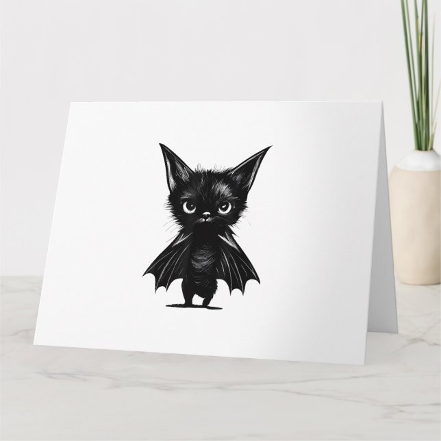 Halloween Grumpy Black Kitten In Bat Costume Card (Front)