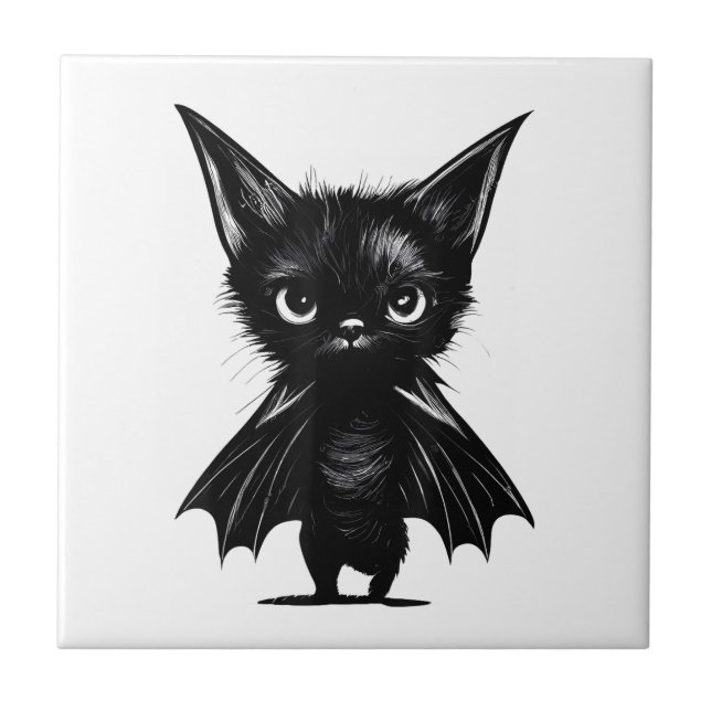 Halloween Grumpy Black Kitten In Bat Costume Ceramic Tile (Front)