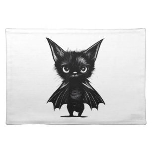 Halloween Grumpy Black Kitten In Bat Costume Cloth Placemat