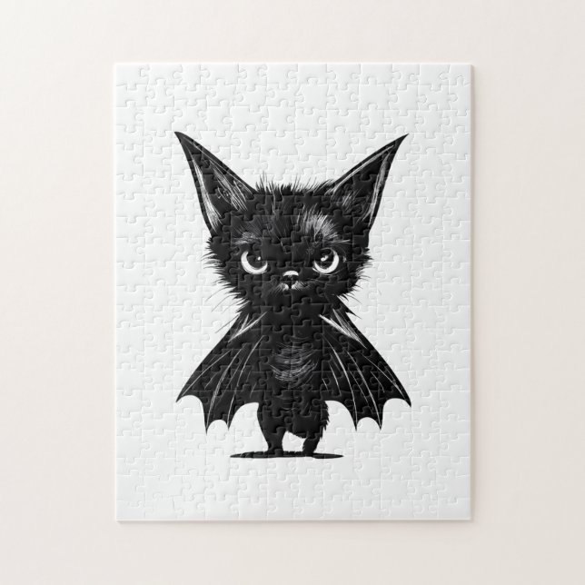 Halloween Grumpy Black Kitten In Bat Costume Jigsaw Puzzle (Vertical)