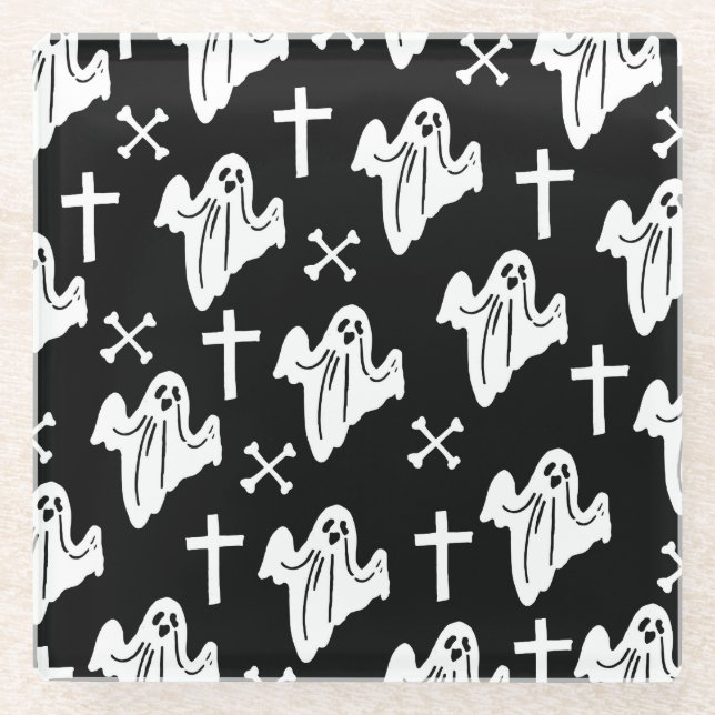 Halloween Hand Drawn Pattern Background Glass Coaster (Front)