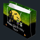 Halloween Happy Birthday Monsters Dark Green Large Gift Bag<br><div class="desc">This fun and spooky gift bag can be personalized with a name or title, such as daughter, granddaughter, niece, friend etc. It features cute Frankenstein monsters beside a crooked haunted house. In the background is a full moon with bats and a green night sky with stars. The text combines decorative...</div>