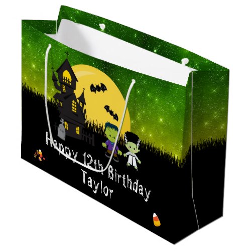 Halloween Happy Birthday Monsters Dark Green Large Gift Bag