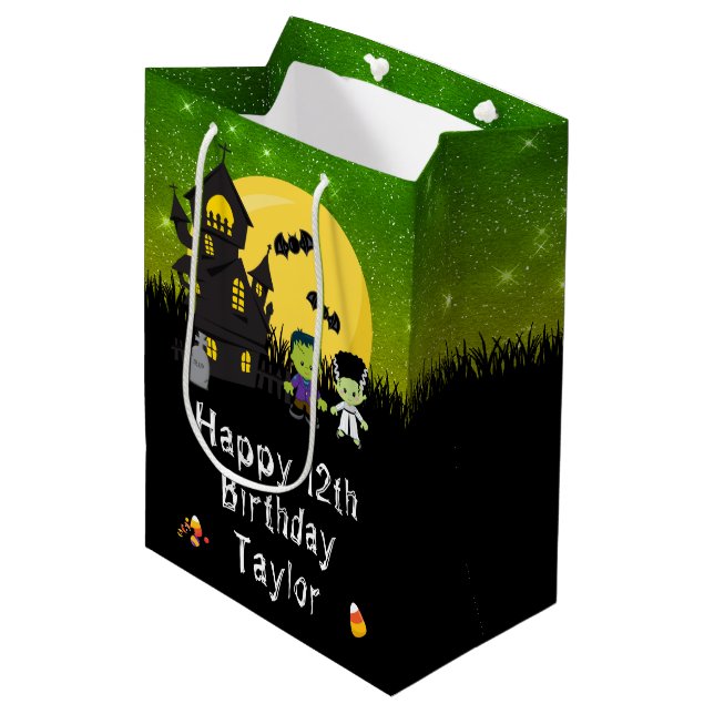 Halloween Happy Birthday Monsters Green Medium Gift Bag (Front Angled)