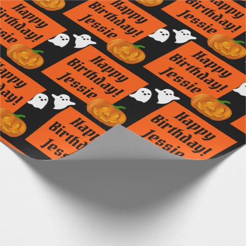 Halloween Happy Birthday Personalize Name Pumpkin Wrapping Paper