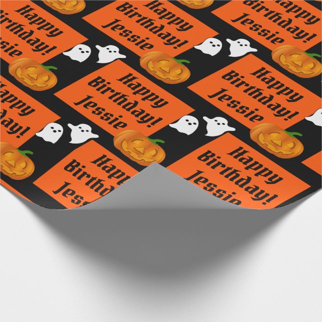 Halloween Happy Birthday Personalize Name Pumpkin Wrapping Paper (Corner)