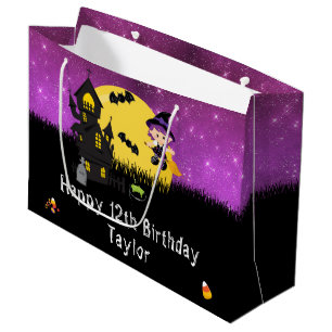 Halloween Happy Birthday Witch Bright Purple Large Gift Bag