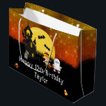 Halloween Happy Birthday Witch Ghost Dark Orange Large Gift Bag<br><div class="desc">This fun and spooky gift bag can be personalized with a name or title, such as daughter, granddaughter, niece, friend etc. It features a cute witch and ghost beside a crooked haunted house. In the background is a full moon with bats and an orange night sky with stars. The text...</div>