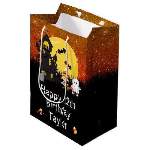 Halloween Happy Birthday Witch Ghost Orange Medium Gift Bag