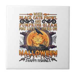 Halloween Happy Fishing Black Cats Pumpkins Crow A Ceramic Tile
