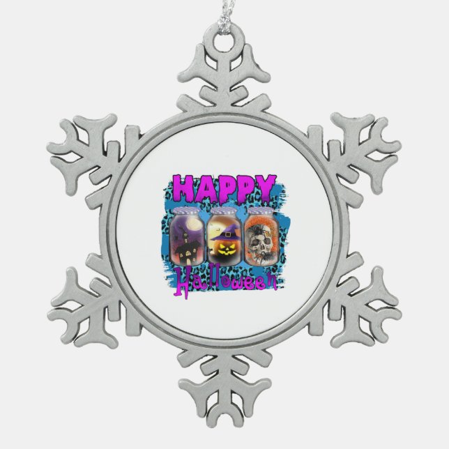 Halloween Happy Halloween Birthday Snowflake Pewter Christmas Ornament (Front)