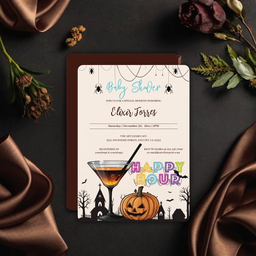 Halloween Happy Hour Pumpkin Cocktail Baby Shower Invitation